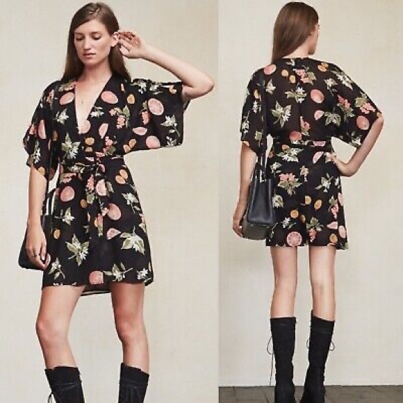 NWOT REFORMATION Tahara Fruit Fruitcake Wrap Mini Black Dress Sz XSmall - Picture 1 of 7